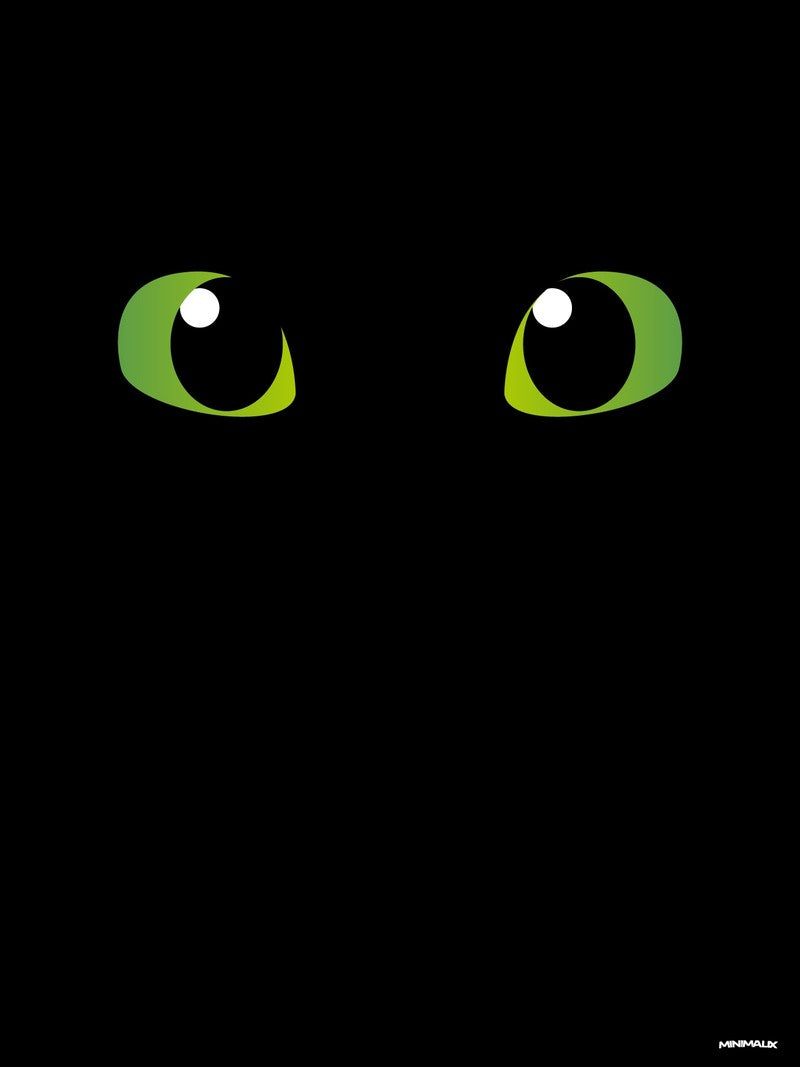 Affiche minimaliste noire : deux grands yeux verts en amande aux pupilles noires rondes et au reflet blanc, seuls sur un fond entièrement noir