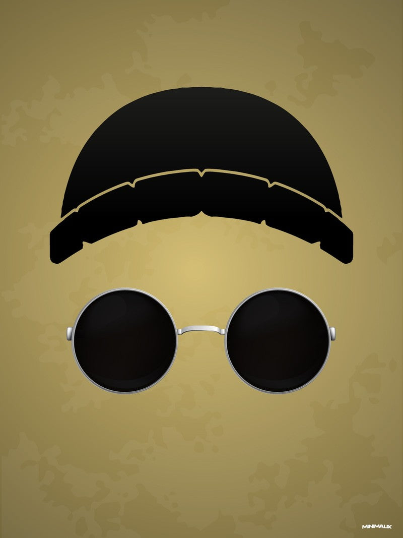 Affiche minimaliste beige et noire : un bonnet noir et des lunettes rondes aux verres noirs cerclées d'argent, sans visage, sur un fond ocre marbré