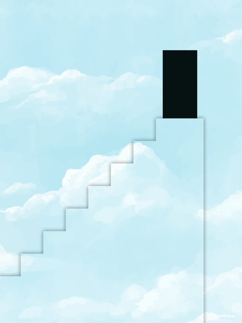 Affiche minimaliste bleue : un escalier bleu ciel monte en diagonale vers une porte noire rectangulaire découpée dans un ciel de nuages blancs et bleu pâle