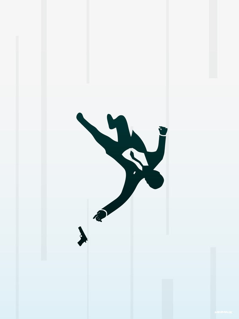 Affiche minimaliste blanche : la silhouette noire d'un homme en costume et cravate tombe en arrière, un pistolet lui échappe, fond blanc rayé de bandes gris pâle
