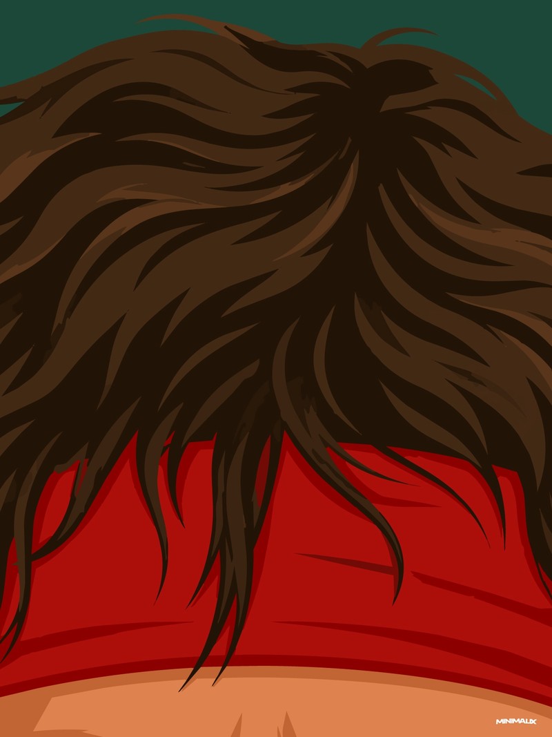 Affiche minimaliste verte : une chevelure brune épaisse vue de dos, mèches en bataille retombant sur un large bandeau rouge noué