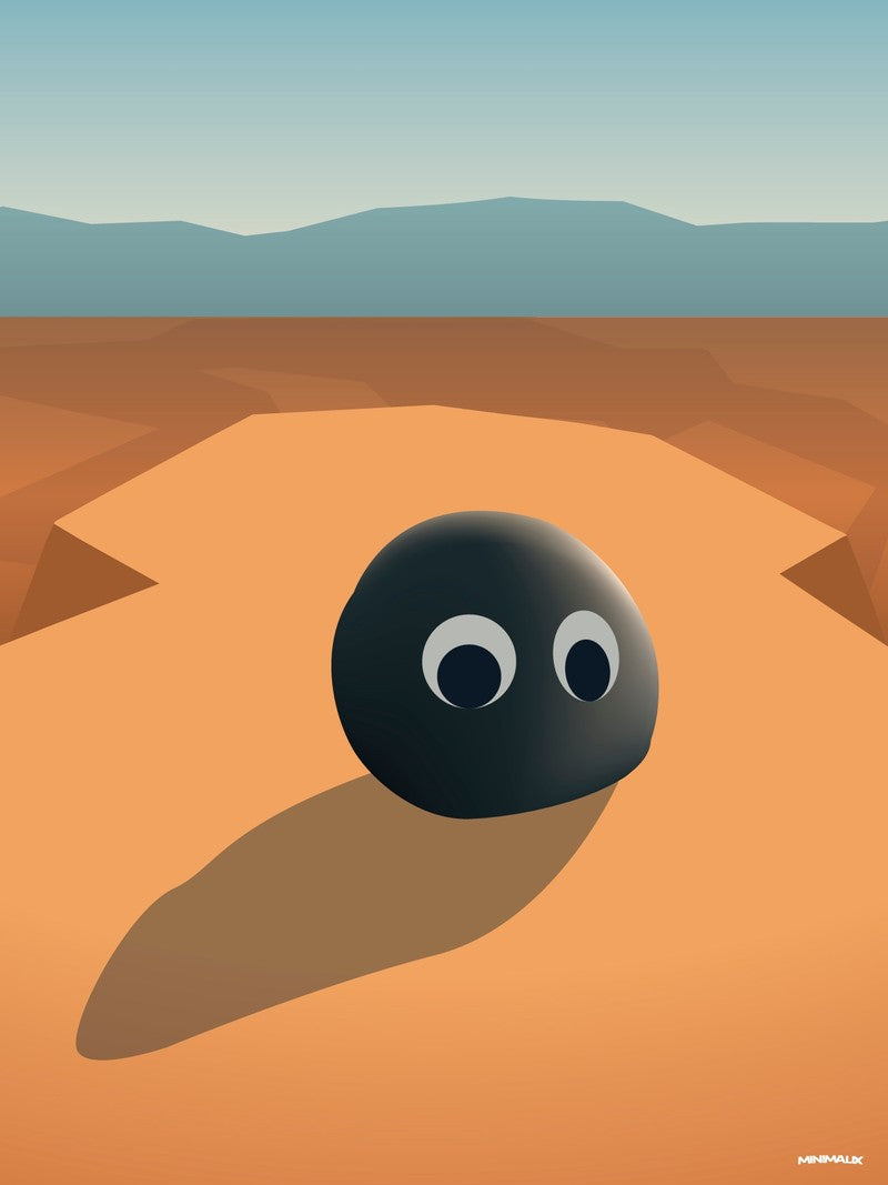 Affiche minimaliste ocre : un caillou noir arrondi posé sur une plaine désertique, deux yeux mobiles collés dessus, longue ombre portée