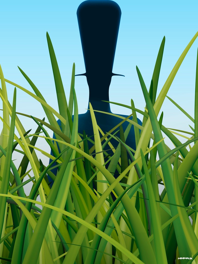Affiche minimaliste verte : une silhouette sombre coiffée d'un très haut chapeau émerge de hautes herbes dessinées lame par lame, ciel bleu pâle