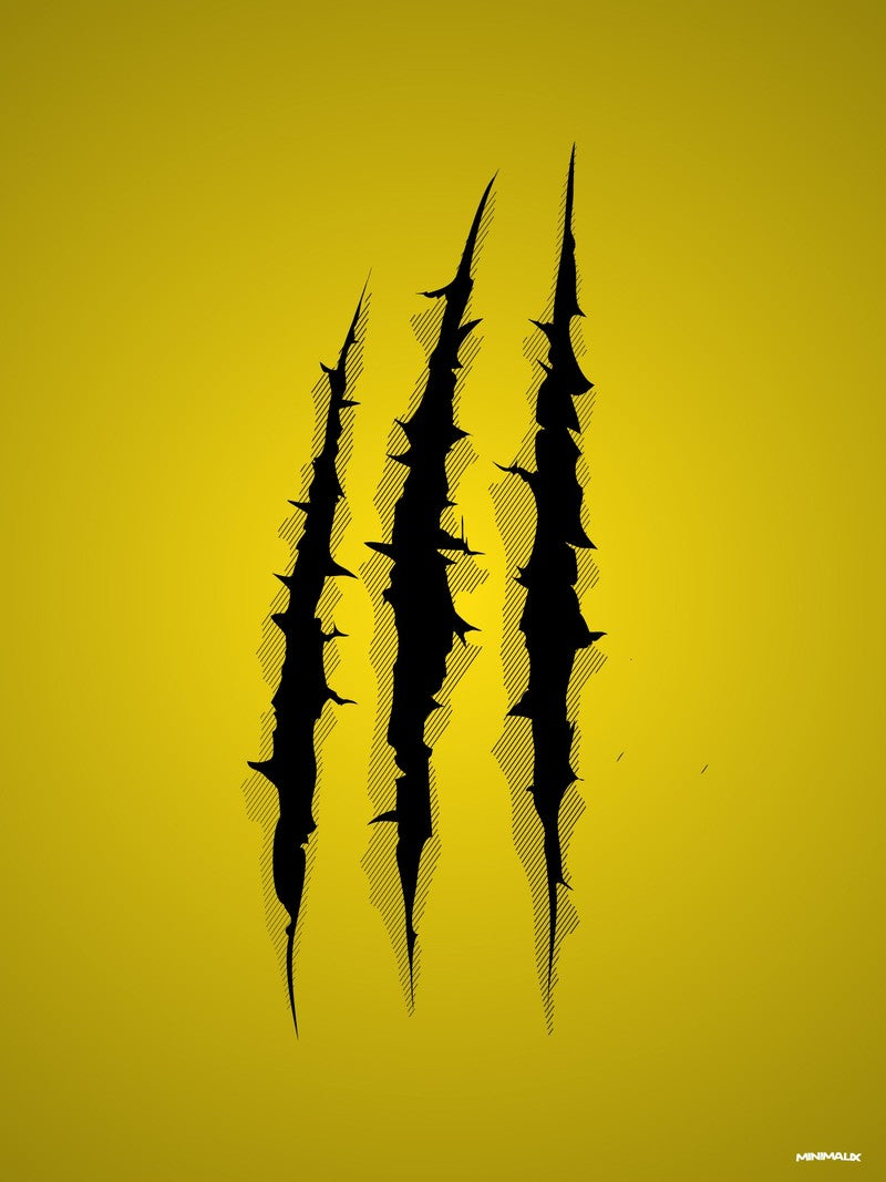 Affiche minimaliste jaune : trois entailles noires verticales aux bords déchirés, hachurées de traits fins, lacèrent un fond jaune moutarde éclairé au centre