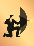 Affiche minimaliste jaune : un homme en costume noir et lunettes, un genou à terre, tient un parapluie noir ouvert d'où part un éclair orange