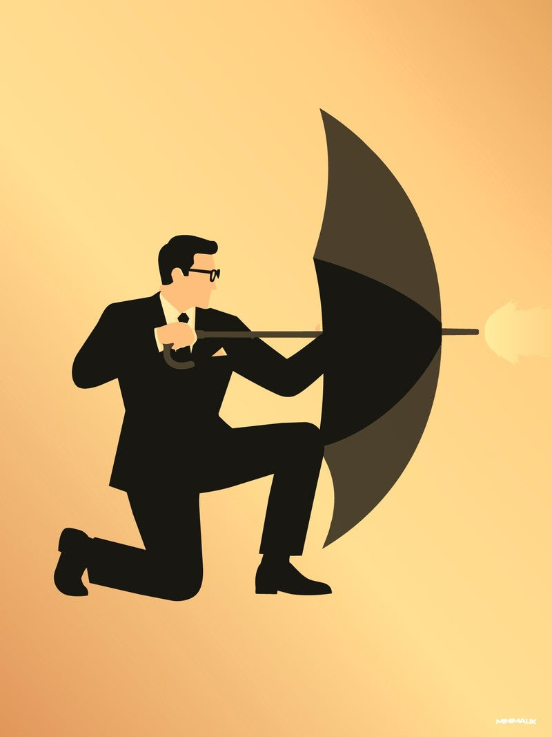 Affiche minimaliste jaune : un homme en costume noir et lunettes, un genou à terre, tient un parapluie noir ouvert d'où part un éclair orange