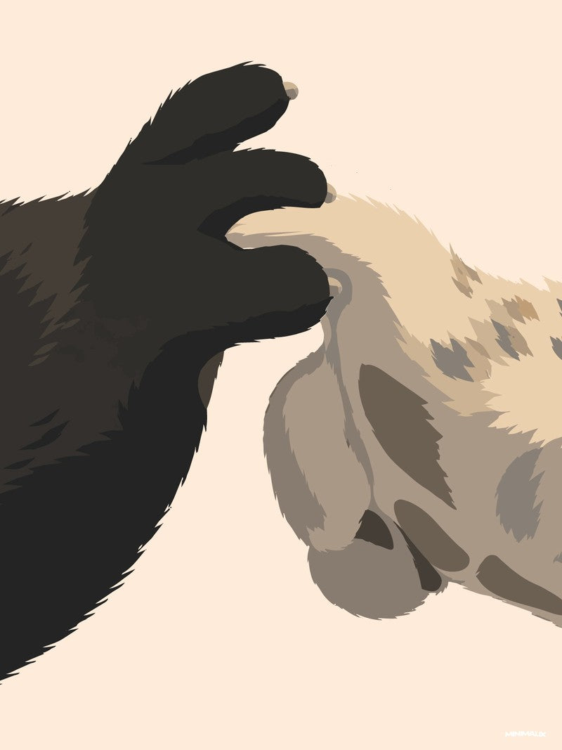 Affiche minimaliste beige : une grosse patte noire pince entre deux griffes le doigt d'une patte grise tachetée, en gros plan sur fond crème