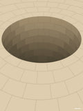 Affiche minimaliste beige : un puits circulaire en pierre vu de dessus, ouvert dans un dallage de pierre claire