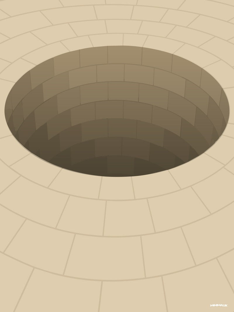 Affiche minimaliste beige : un puits circulaire en pierre vu de dessus, ouvert dans un dallage de pierre claire