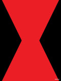 Affiche minimaliste rouge et noire : un grand sablier rouge aux angles nets, deux triangles pointe contre pointe, centré sur un fond noir uni
