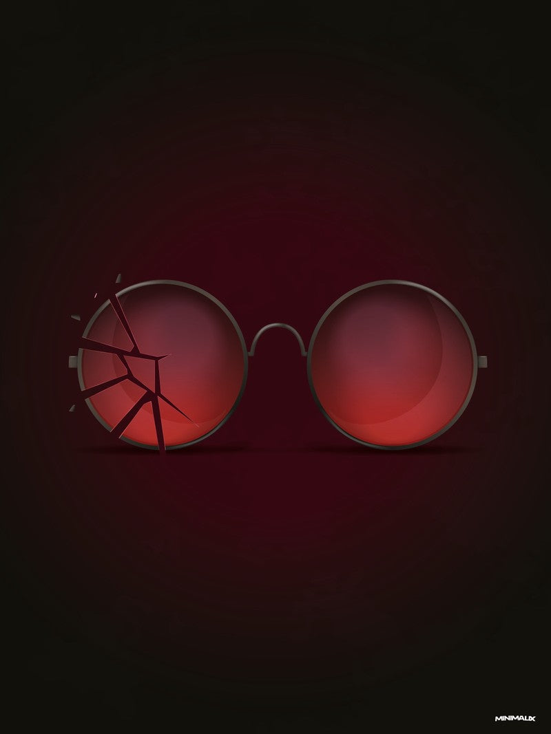 Affiche minimaliste noire : une paire de lunettes rondes à verres rouges sur fond noir, le verre gauche fêlé en étoile, halo sombre autour