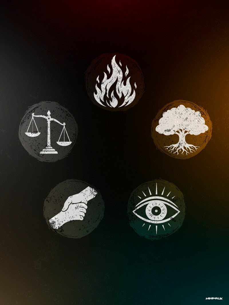 Affiche minimaliste sombre : cinq médaillons ronds texturés portant une flamme, une balance, un arbre, un poing et un œil en blanc
