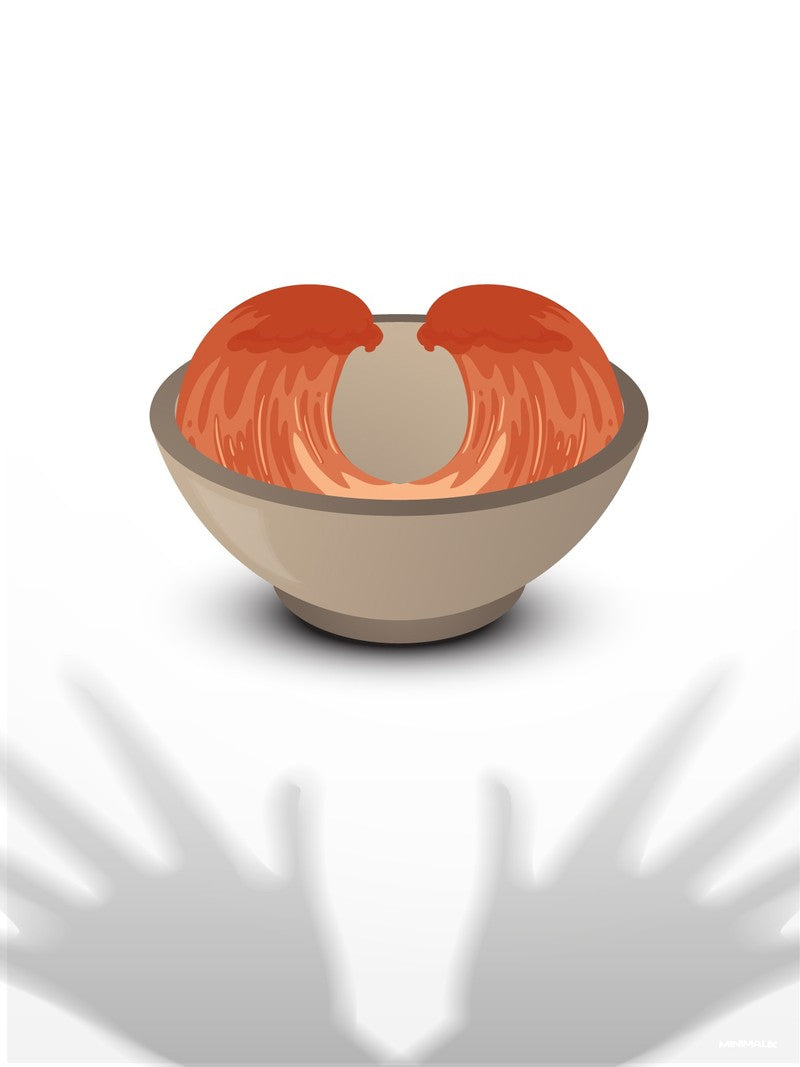 Affiche minimaliste blanche : un bol beige de soupe à la tomate dont le contenu orange se sépare en deux vagues, au-dessus de l'ombre grise de deux mains ouvertes