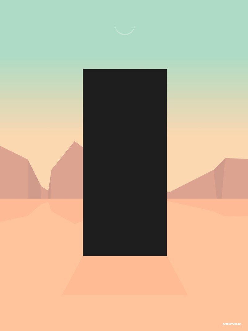 Affiche minimaliste pastel : un monolithe noir rectangulaire dressé dans un désert rose sous un ciel menthe et un croissant de lune