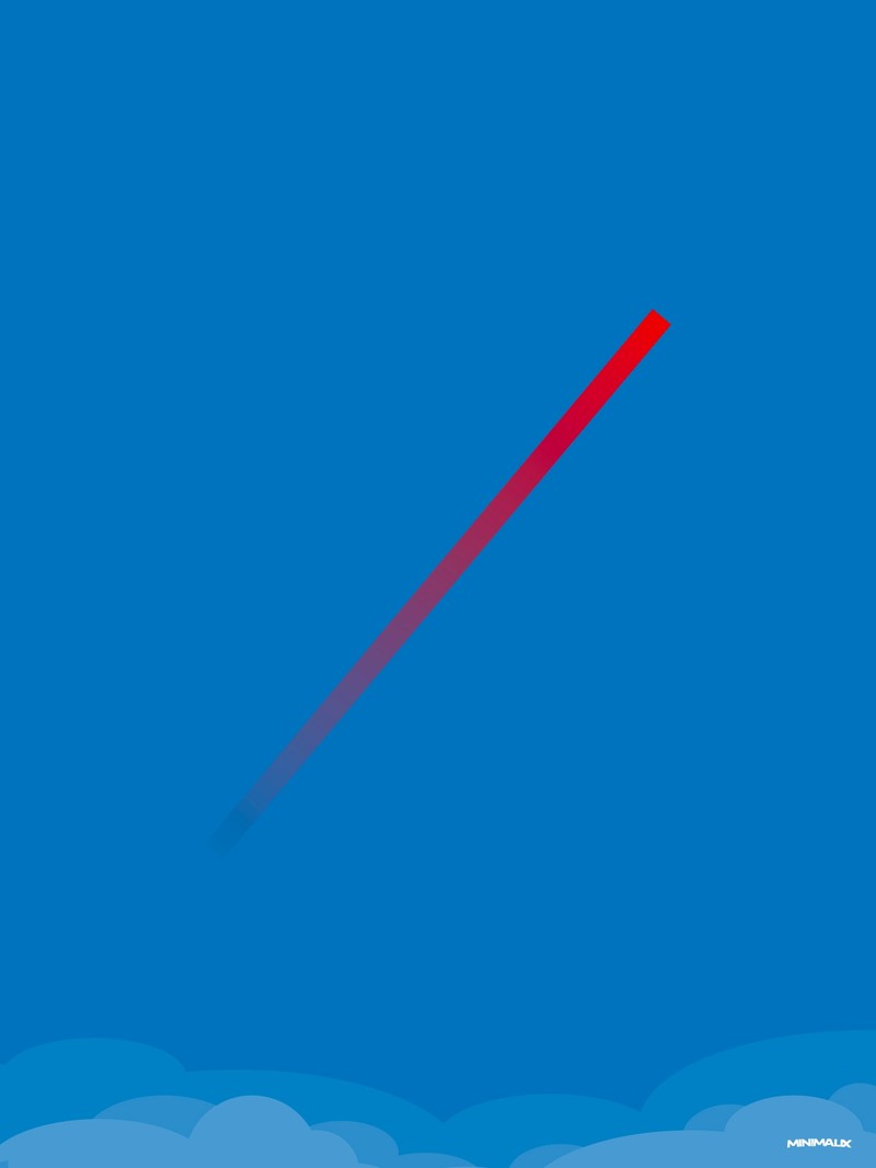 Affiche minimaliste bleue : une traînée diagonale rouge qui vire au bleu monte vers le coin supérieur droit d'un ciel bleu, au-dessus de nuages clairs