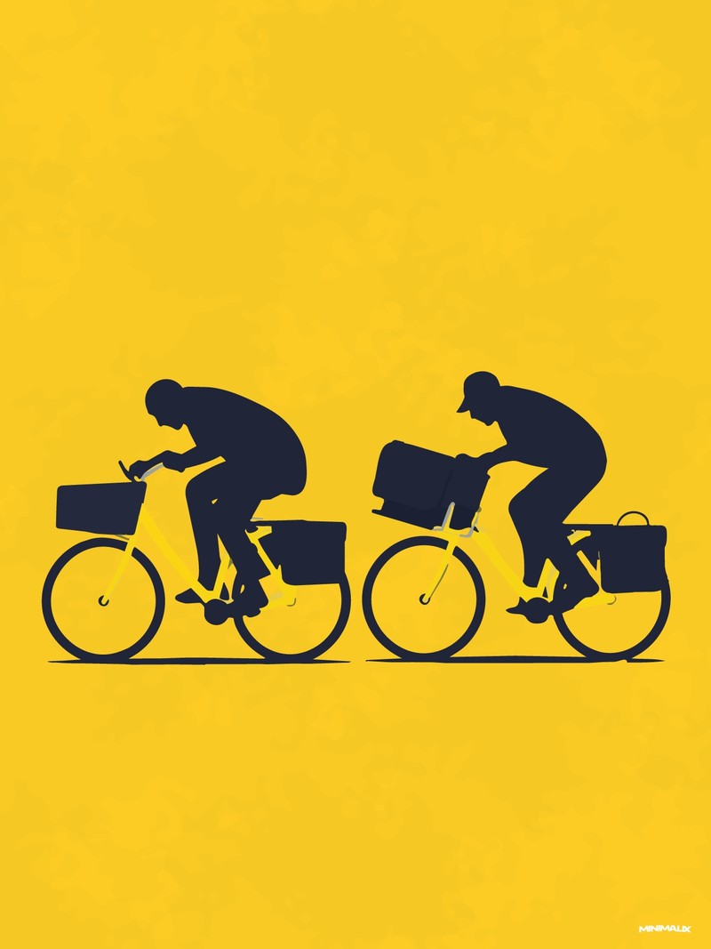 Affiche minimaliste jaune : deux facteurs à vélo en silhouettes bleu nuit, sacoches sur le guidon et le porte-bagages, roulant l'un derrière l'autre sur un fond jaune uni