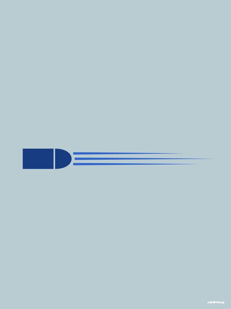 Affiche minimaliste bleu clair : une balle bleu marine dont la pointe est séparée du corps, avec trois traînées de vitesse partant vers l'arrière