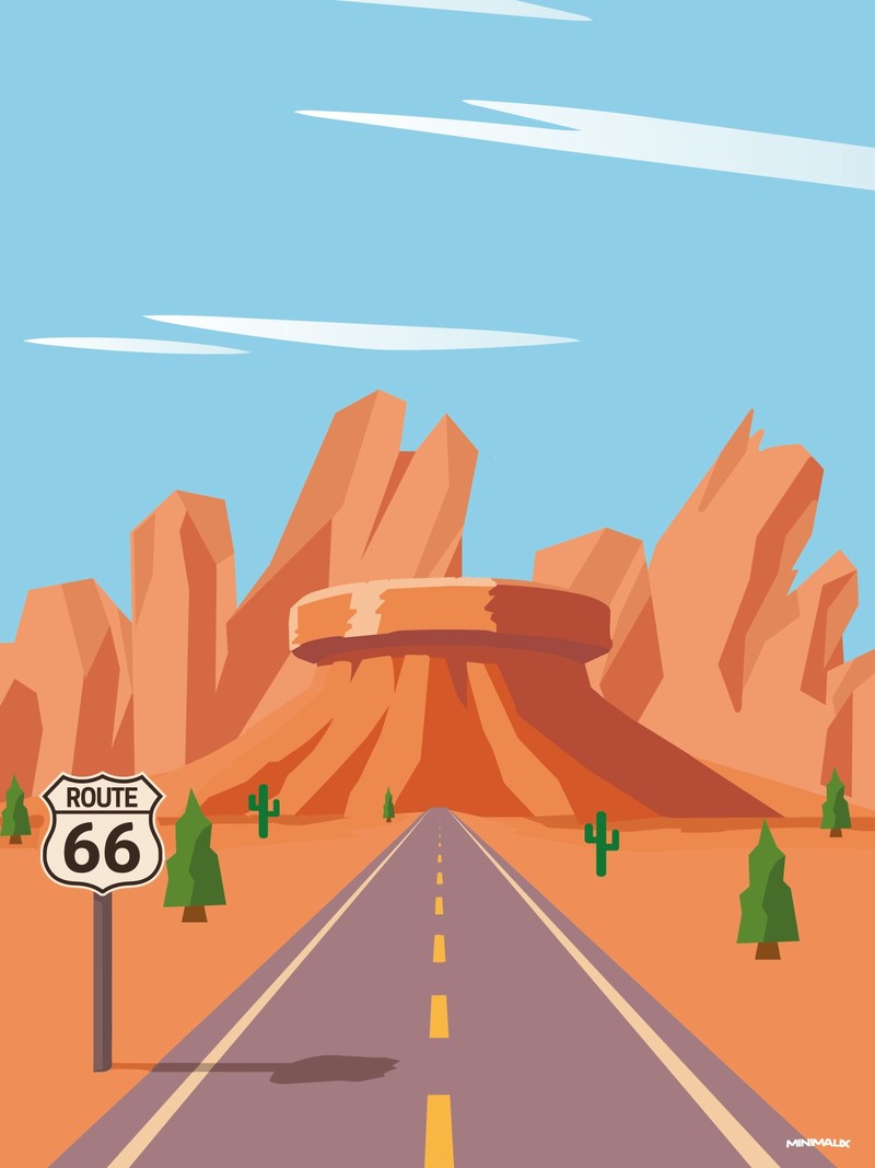 Affiche minimaliste orange : une route grise file droit vers des rochers rouges en forme de mesa, panneau Route 66, cactus verts et ciel turquoise