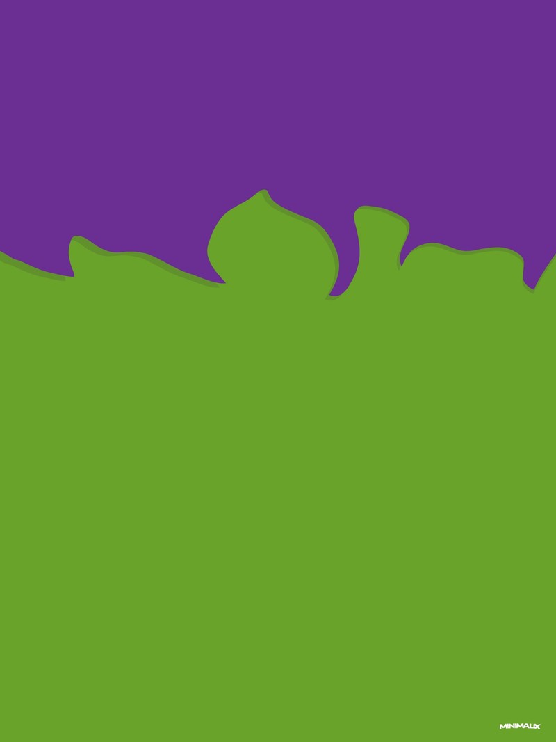Affiche minimaliste verte : un aplat vert qui déchire et repousse un fond violet, bord irrégulier en bosses arrondies, deux couleurs seulement, aucun personnage