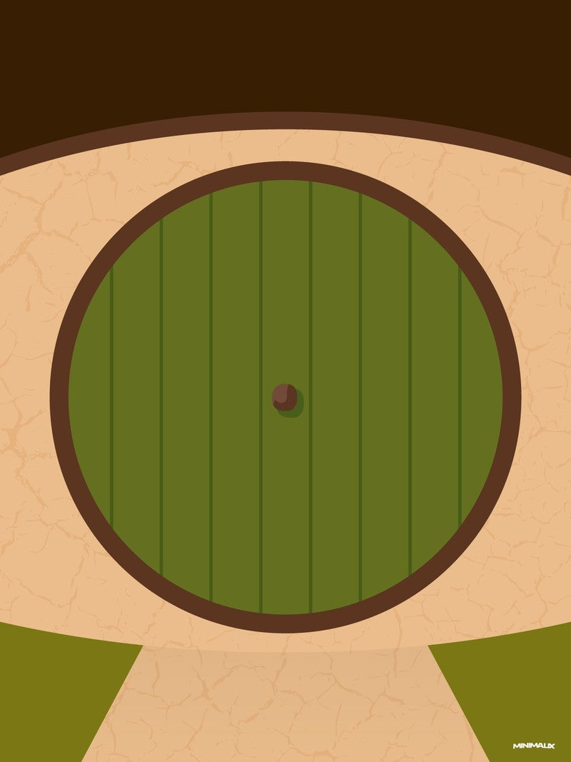 Affiche minimaliste verte : une porte ronde verte à lattes verticales, cadre brun et bouton central, percée dans un mur beige craquelé, chemin de sable au premier plan