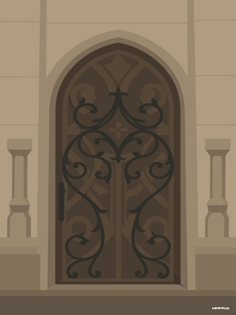 Affiche minimaliste vert olive : porte en ogive sombre ornée de volutes de fer forgé, encadrée de pierre beige et de deux petites colonnes