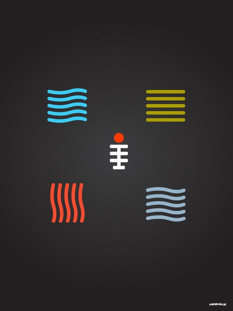 Affiche minimaliste noire : quatre groupes de lignes colorées, bleu ondulé, jaune droit, rouge vertical, gris-bleu ondulé, autour d'un signe blanc à barres et point orange