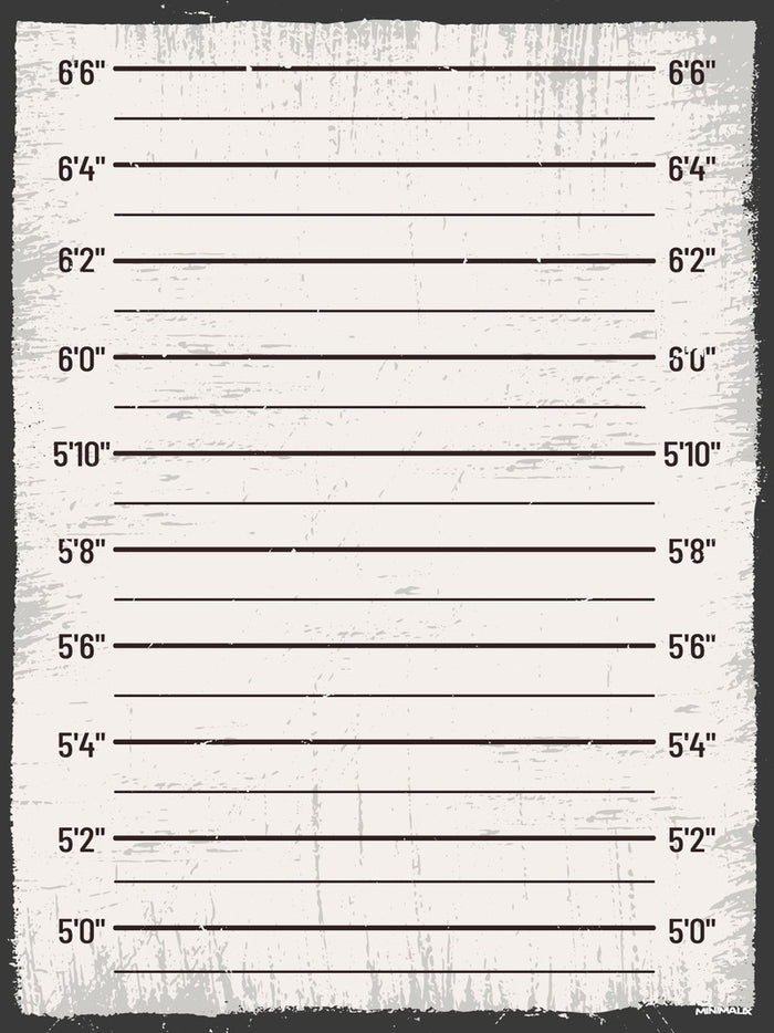 Affiche minimaliste blanc cassé : une toise graduée de cinq à six pieds, lignes noires horizontales sur un mur écaillé cerné de noir