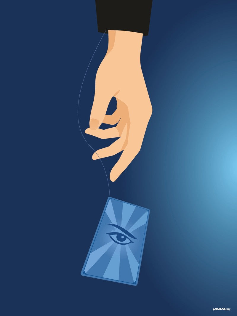 Affiche minimaliste bleue : une main sortant d'une manche noire retient par un fil une carte à jouer bleue ornée d'un œil rayonnant, sur un fond bleu nuit