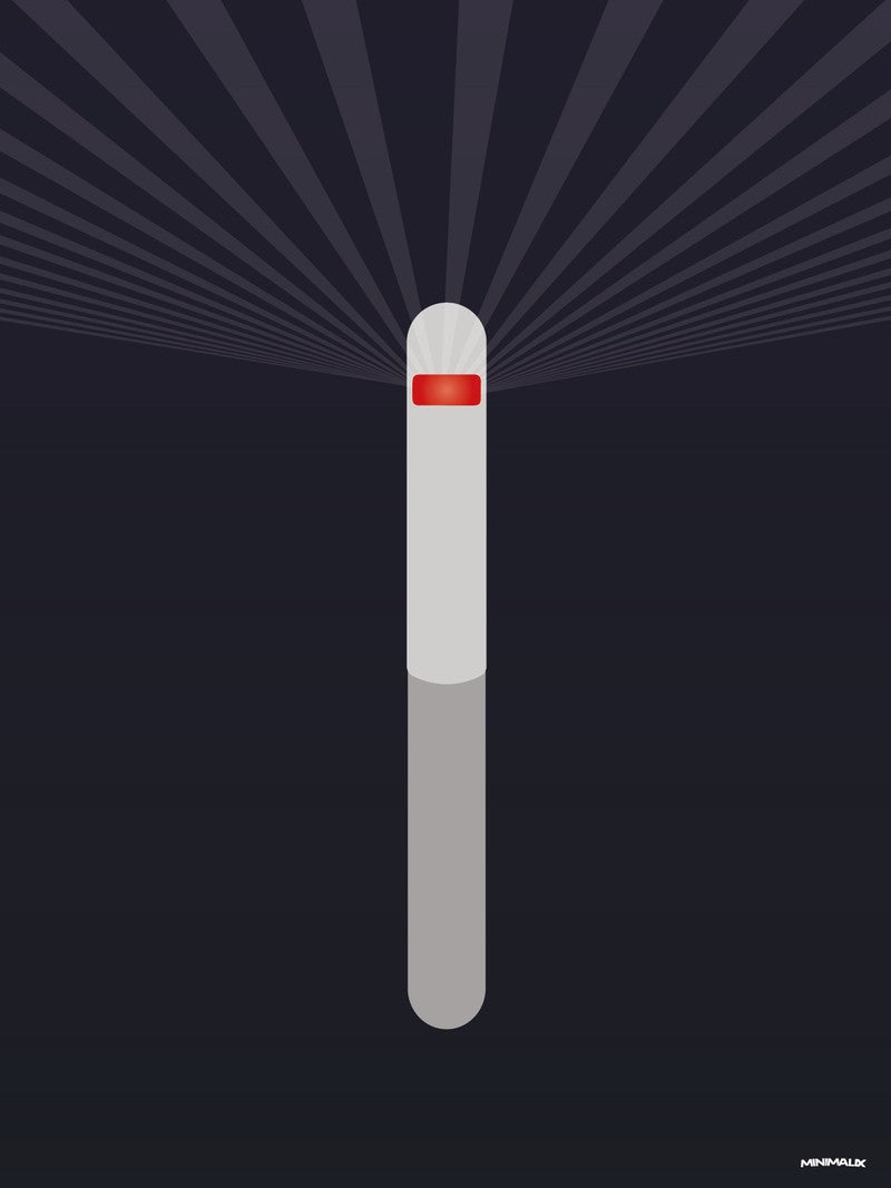 Affiche minimaliste bleu nuit : un petit cylindre argenté vertical avec une lumière rouge à son sommet, d'où partent des rayons pâles vers le haut du fond sombre