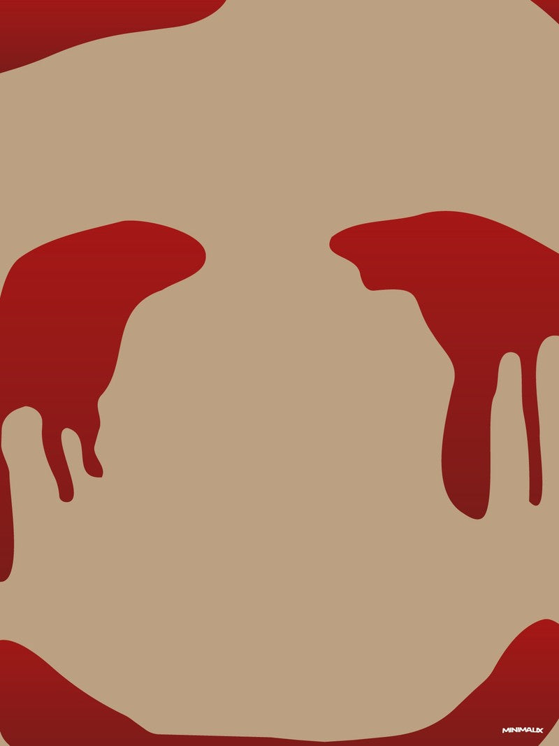 Affiche minimaliste beige : deux larges traces rouges qui coulent, tracées au doigt sur un fond kaki, des angles rouges en haut et en bas, un visage à peine suggéré