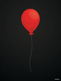 Affiche minimaliste noire : un ballon de baudruche rouge retenu par un fil blanc, seul sur un fond noir