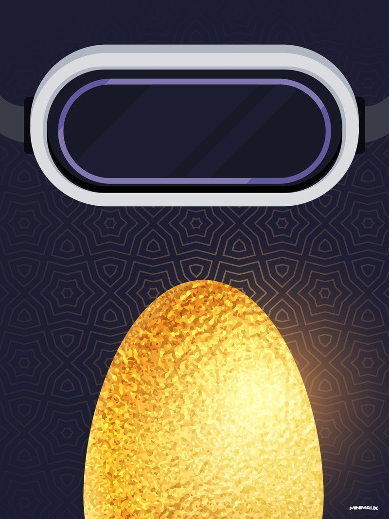 Affiche minimaliste bleu nuit : un casque de réalité virtuelle blanc à visière cerclée de violet en haut, un grand œuf doré scintillant en bas, motif géométrique en fond