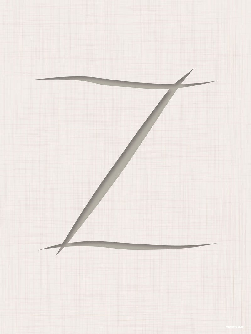 Affiche minimaliste beige : trois entailles grises tracées en zigzag sur une toile de lin claire, les bords effilés comme coupés au rasoir