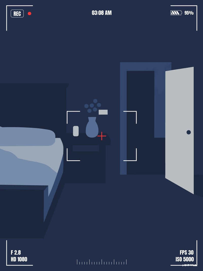 Affiche minimaliste bleu nuit : chambre vue à travers un viseur de caméscope, REC en rouge, un lit, une table de nuit et une porte ouverte sur le noir