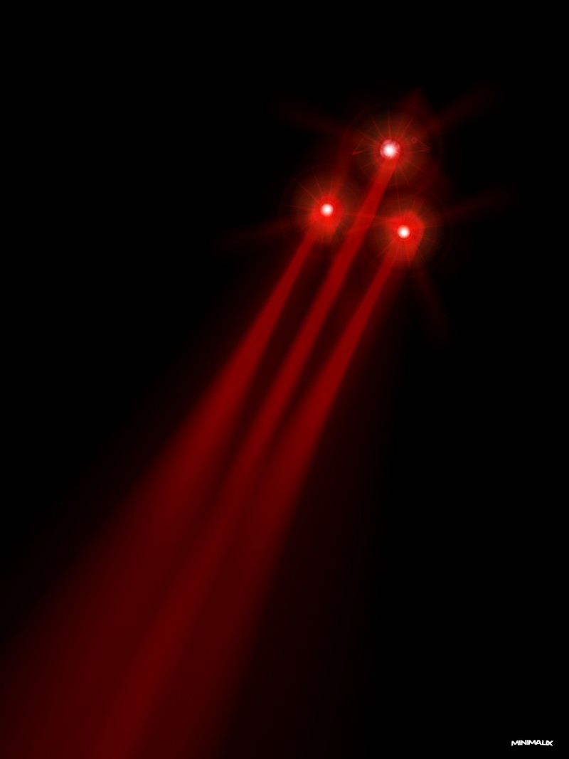 Affiche minimaliste noire : trois points rouges lumineux en triangle dans le coin supérieur droit, d'où partent trois faisceaux laser rouges vers le bas de l'image