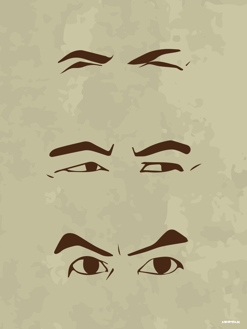 Affiche minimaliste beige : trois paires d'yeux plissés dessinées en brun, superposées sur un fond sable