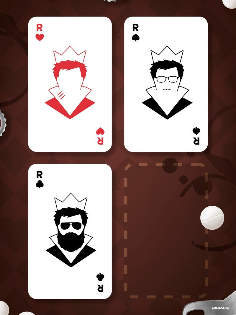 Affiche minimaliste marron : trois cartes de roi posées sur une table tachée, portraits couronnés en rouge et noir, la quatrième place restée vide