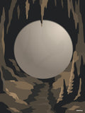 Affiche minimaliste marron : une grande sphère de pierre grise remplit une grotte aux stalactites ocre, un couloir de roche descend vers le bas de l'image sur fond noir