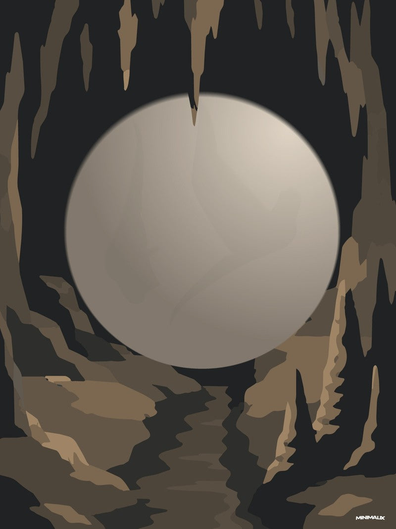 Affiche minimaliste marron : une grande sphère de pierre grise remplit une grotte aux stalactites ocre, un couloir de roche descend vers le bas de l'image sur fond noir