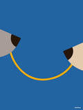 Affiche minimaliste bleue : deux museaux de chien, l'un gris, l'autre crème, reliés par un seul spaghetti jaune sur un fond bleu uni