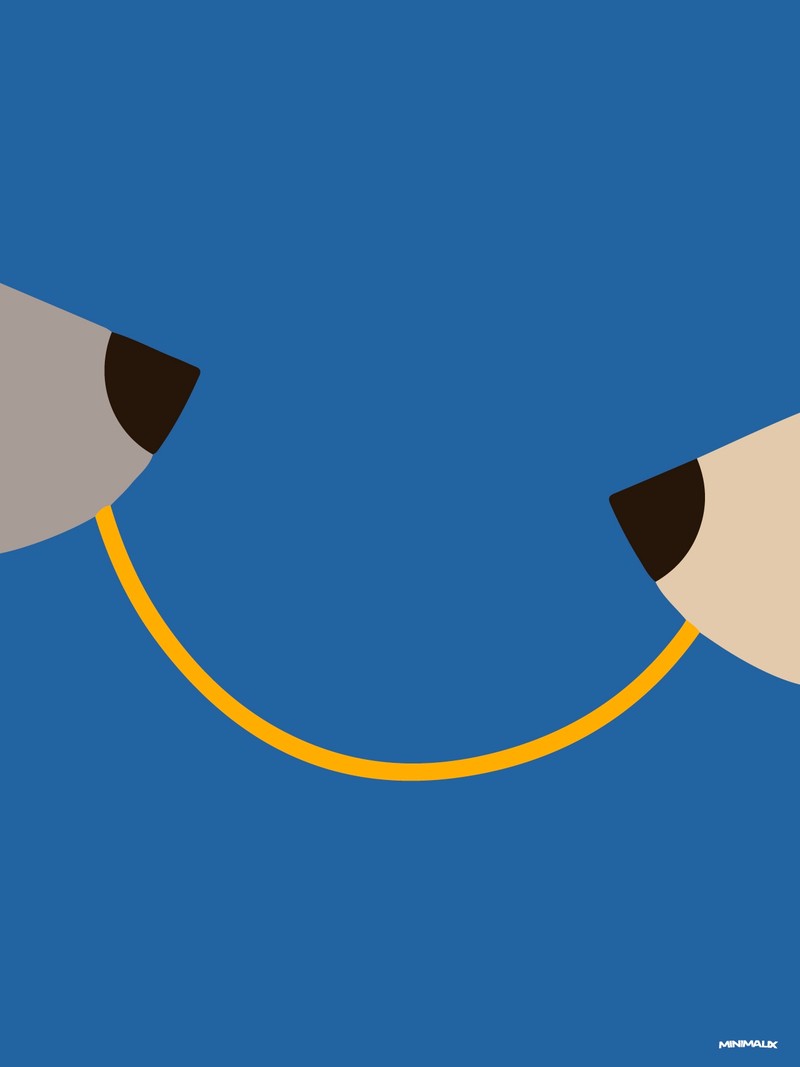 Affiche minimaliste bleue : deux museaux de chien, l'un gris, l'autre crème, reliés par un seul spaghetti jaune sur un fond bleu uni