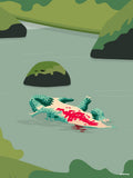 Affiche minimaliste verte : un crocodile bleu-vert flotte sur le dos, ventre ouvert taché de rouge, dans une rivière grise bordée de jungle et d'un rocher moussu