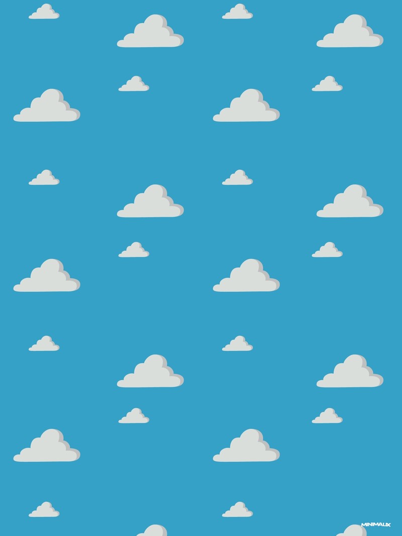 Affiche minimaliste bleue : un motif régulier de nuages blancs à l'ombre grise, grands et petits en alternance, sur un fond bleu ciel uni