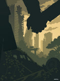 Affiche minimaliste verte : deux mains en silhouette noire se tiennent au premier plan, derrière elles une ville en ruine sous les lianes, un pont effondré et un ciel jaune