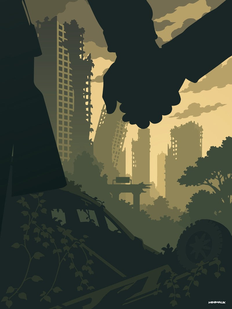 Affiche minimaliste verte : deux mains en silhouette noire se tiennent au premier plan, derrière elles une ville en ruine sous les lianes, un pont effondré et un ciel jaune