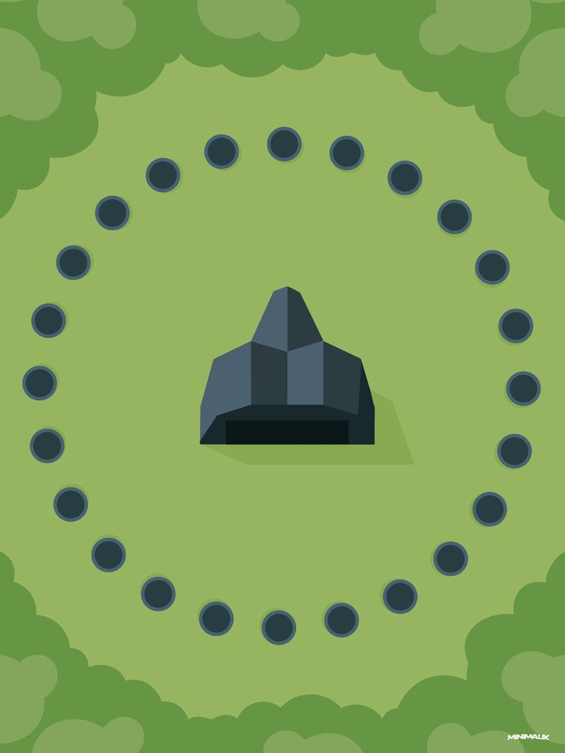 Affiche minimaliste verte : vue du ciel d'une clairière cernée d'arbres, vingt-quatre plateformes rondes disposées en cercle autour d'un abri gris à facettes